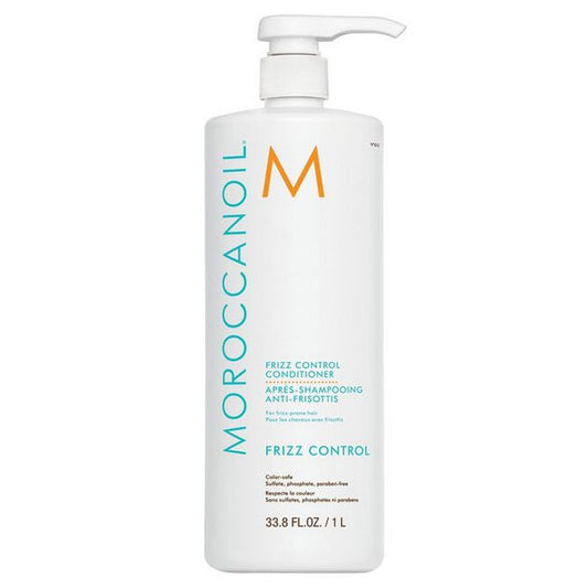 A 1 L bottle of Moroccanoil Frizz Control Conditioner with a white pump dispenser