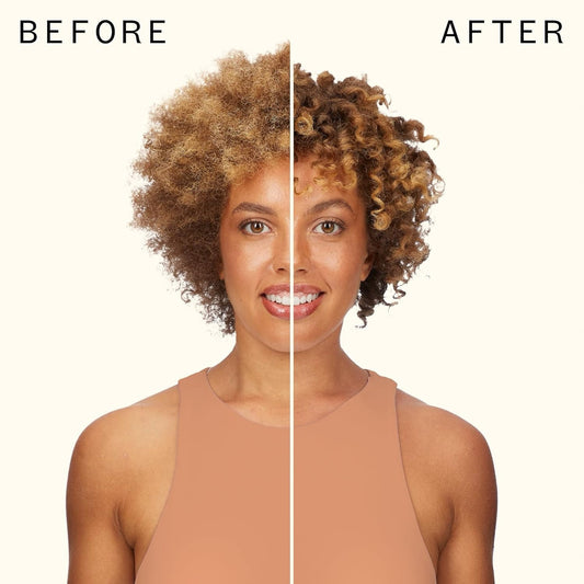 Amika Curl Corps Defining Cream before and after results showing defined, frizz-free curls