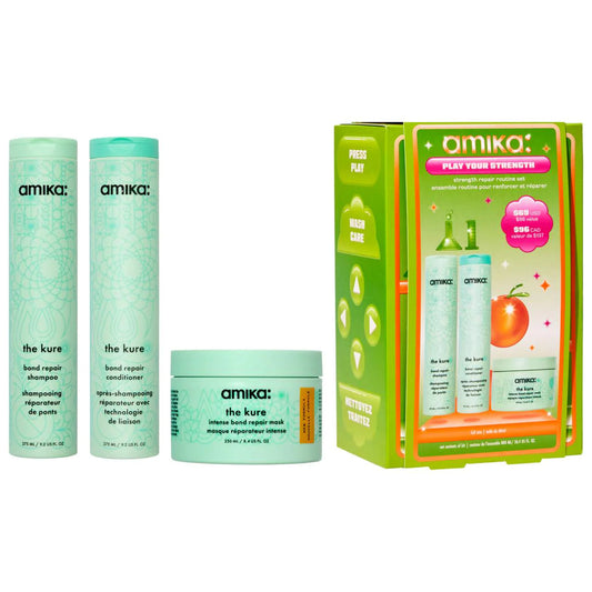 Amika Play Your Strength Hair Repair Routine Set ($98 value) for restoring and strengthening damaged hair