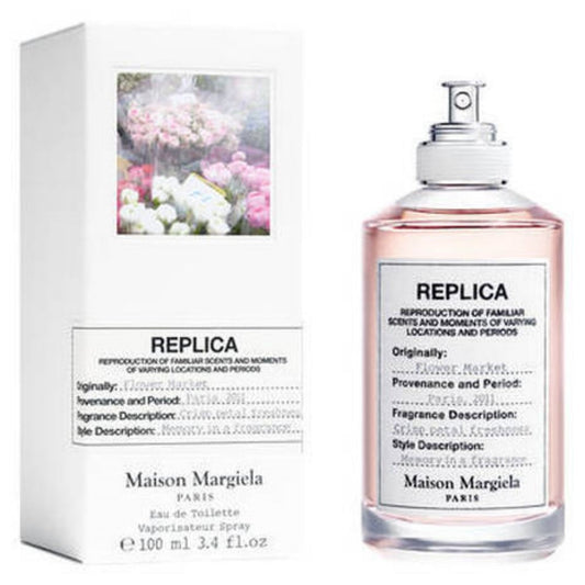 Maison Margiela Replica Flower Market 3.4 Oz – elegant bottle of fresh floral eau de toilette capturing the vibrant scent of a flower market.