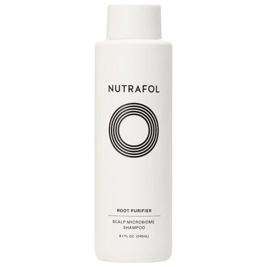 Nutrafol Root Purifier Scalp Microbiome Shampoo bottle for scalp health and cleansing.