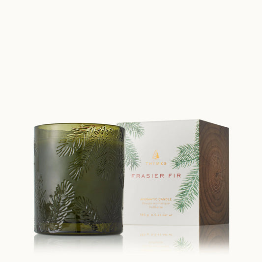 Thymes Frasier Fir Green Glass Candle 6.5 OZ with fresh pine scent in elegant green glass jar for a cozy and festive home atmosphere