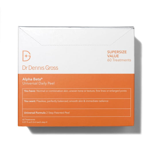 A box of Dr. Dennis Gross Alpha Beta Universal Daily Peel with 60 application packettes, in white and orange packaging.