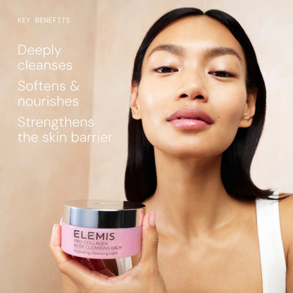 Woman holding a skincare Elemis Pro-Collagen Rose Cleansing Balm with text about key benefits