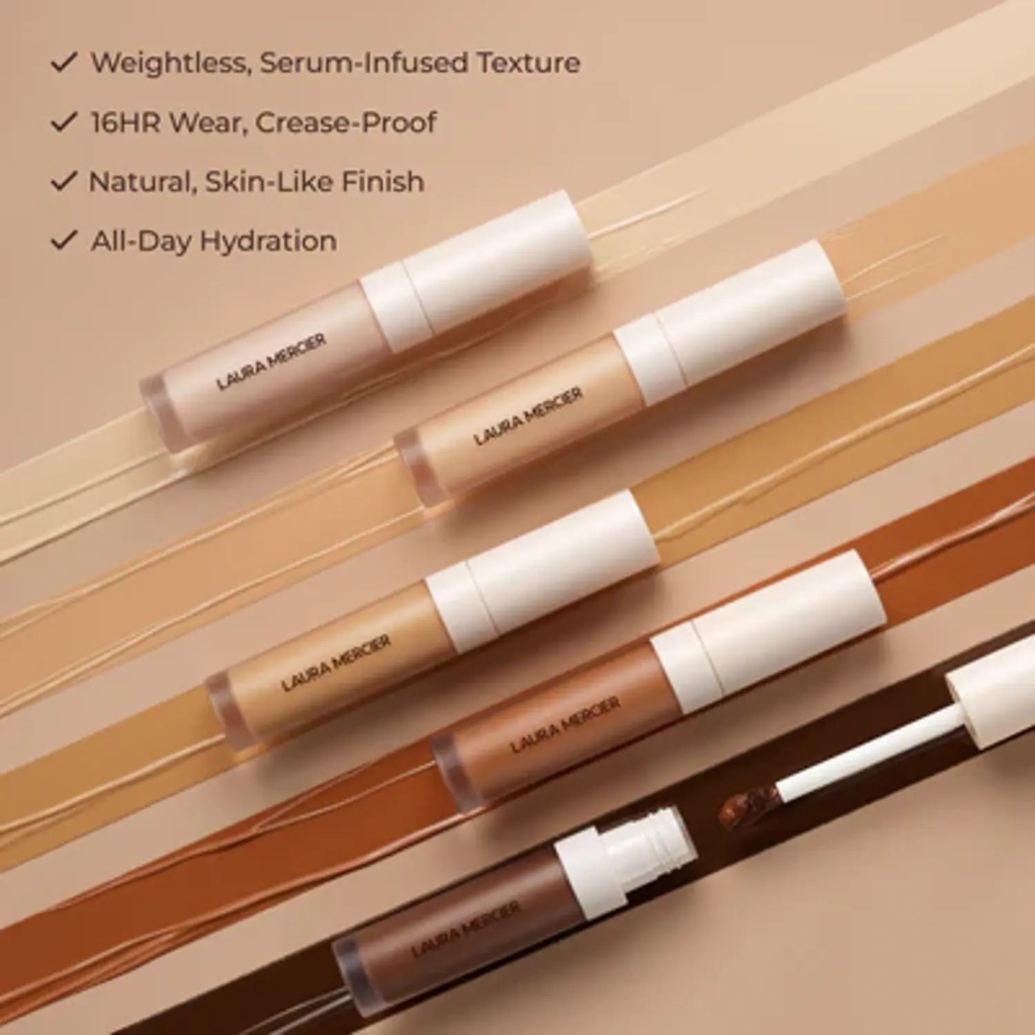“Infographic showcasing the Laura Mercier Real Flawless Weightless Concealer, highlighting its features, shades, and benefits.”
