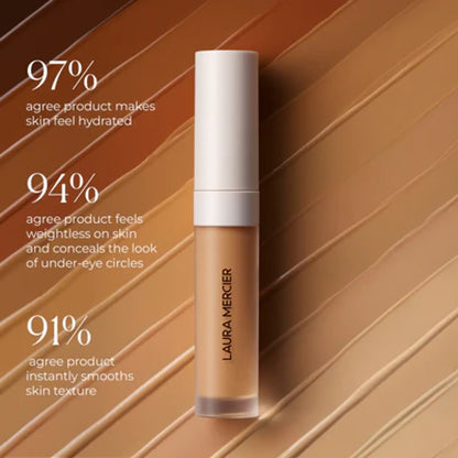 “Infographic showcasing the Laura Mercier Real Flawless Weightless Concealer, highlighting its features, shades, and benefits.”