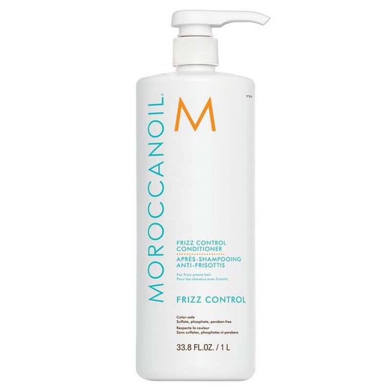 A 1 L bottle of Moroccanoil Frizz Control Conditioner with a white pump dispenser