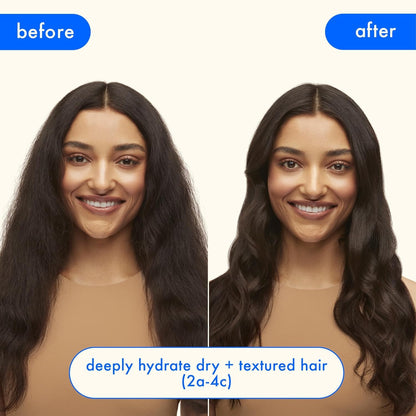 Amika Hydration Heavyweights Wash + Care Set before and after results showing deeply hydrated hair