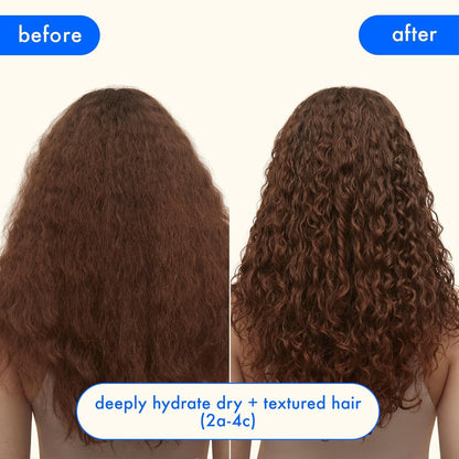 Amika Hydro Rush Intense Moisture Conditioner before and after results showing hydrated, smooth hair