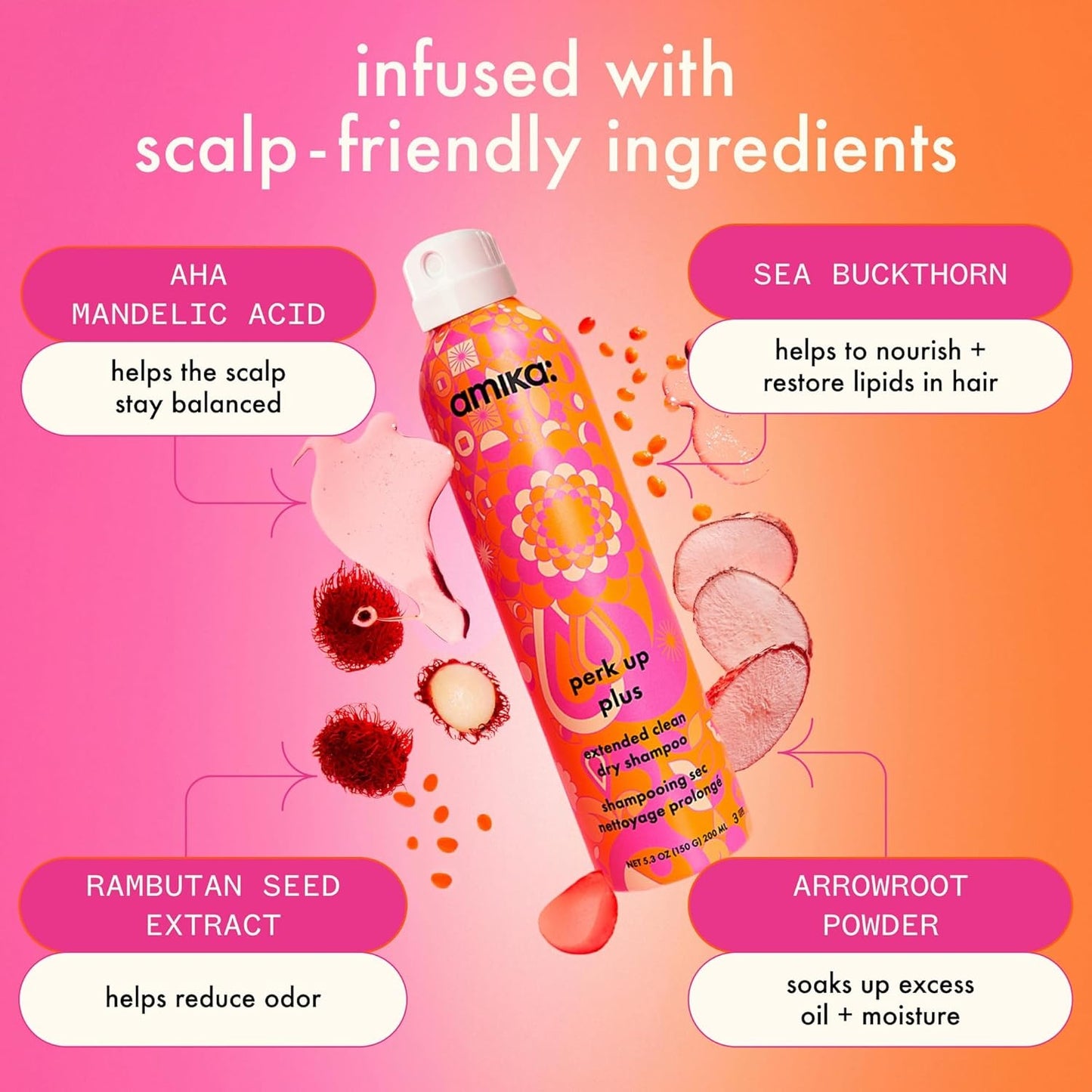 Amika Perk Up Dry Shampoo ingredients for volume and refresh.