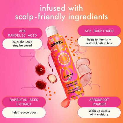 Amika Perk Up Dry Shampoo ingredients for volume and refresh.