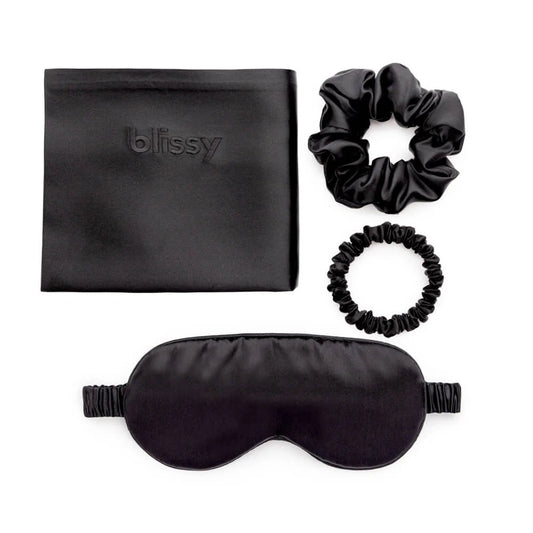 Blissy Dream Set Black featuring silk pillowcase and sleep mask for smooth hair and healthy skin