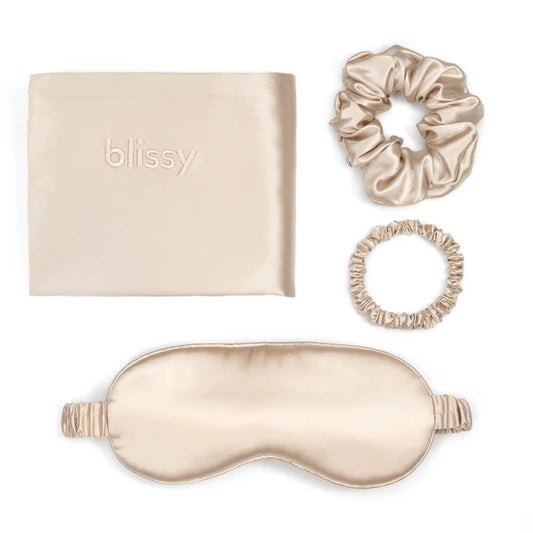 Blissy Dream Set Champagne with silk pillowcase and sleep mask for luxurious comfort and skin benefits