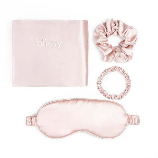 Blissy Dream Set Pink with silk pillowcase and sleep mask for soft hair and radiant skin