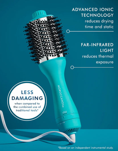 Moroccanoil Effortless Style 4-in-1 Blow-Dryer Brush with teal design for smooth, shiny hair.