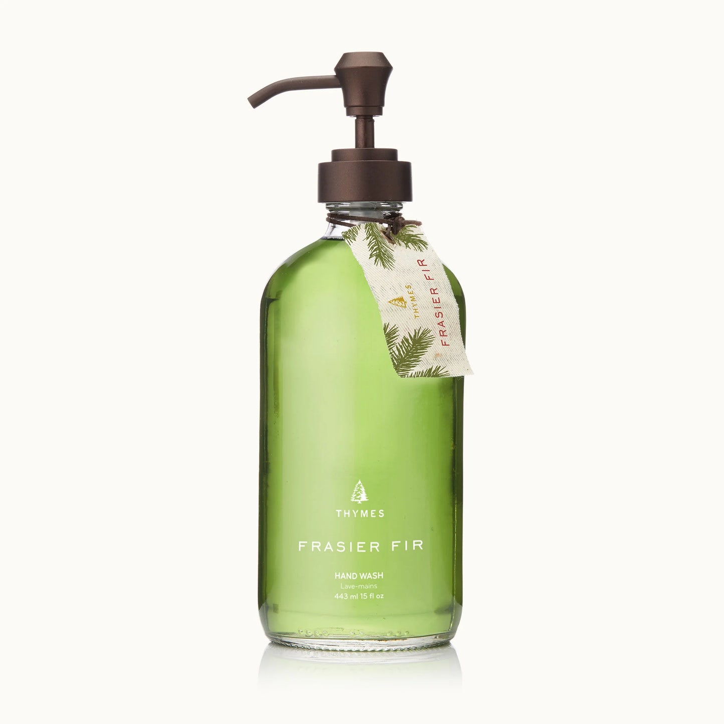Thymes Frasier Fir Hand Wash bottle with elegant packaging and forest-inspired design.








