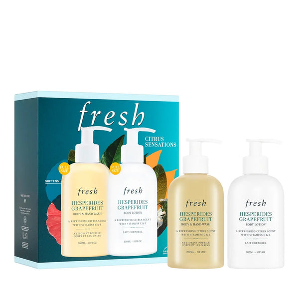Fresh Hesperides Grapefruit Citrus Sensations Set with 10 Oz Shower Gel and 10 Oz Lotion for refreshing and hydrating skincare.