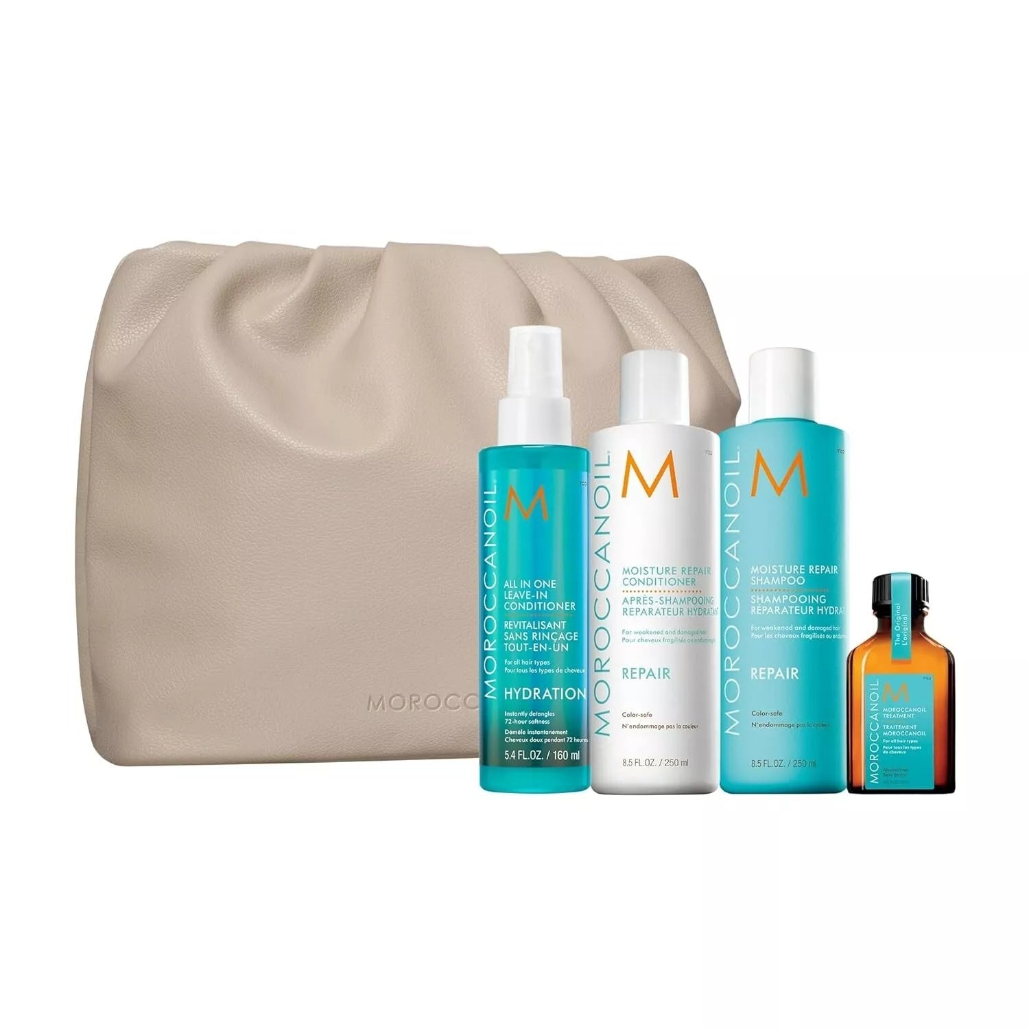 Moroccanoil Holiday Repair Hair Set with teal pouch and hair care essentials.