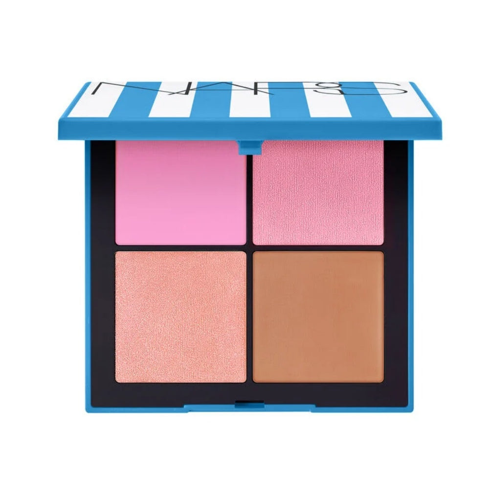 NARS Hot Escape Cheek Palette compact with four shades of blush, bronzer, and highlighter in a striped case.