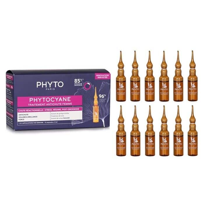 phyto-phytocyane-revitalizing-treatment-for-reactional-hair-thinning-women-12-vials box and product