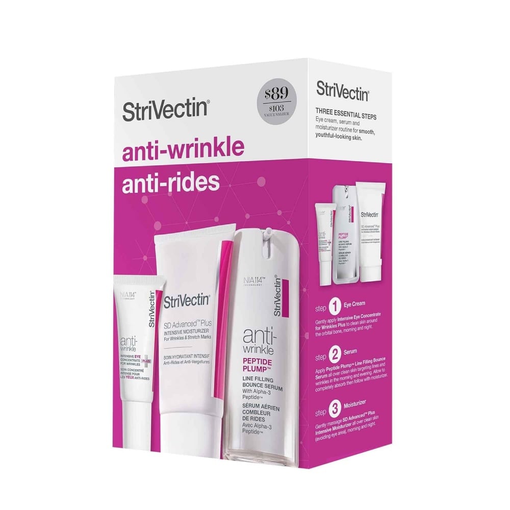 Strivectin Power Starters Anti-Wrinkle Trio skincare set with three products for anti-aging and wrinkle reduction.