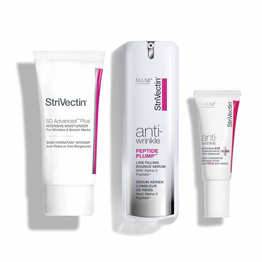 Strivectin Power Starters Anti-Wrinkle Trio skincare set with anti-aging and wrinkle-fighting formulas.








