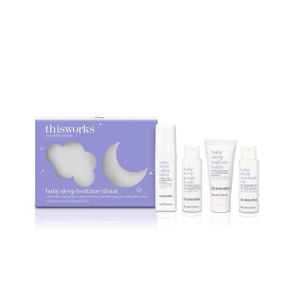 This Works Baby Sleep Bedtime Ritual 4-Piece Kit with open bottle showing calming sleep spray.
