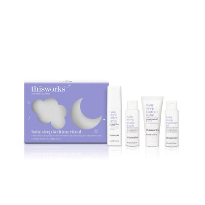 This Works Baby Sleep Bedtime Ritual 4-Piece Kit with open bottle showing calming sleep spray.