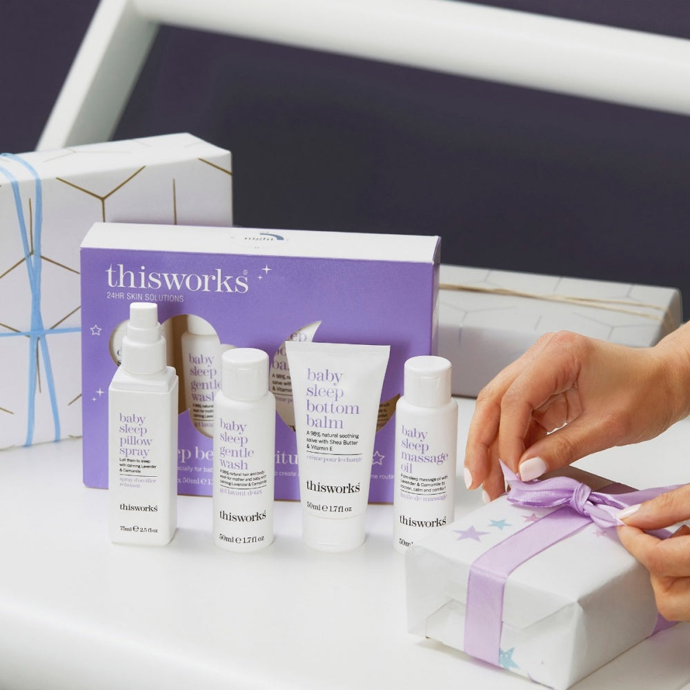 This Works Baby Sleep Bedtime Ritual 4-Piece Set lifestyle image showing calming baby sleep products.