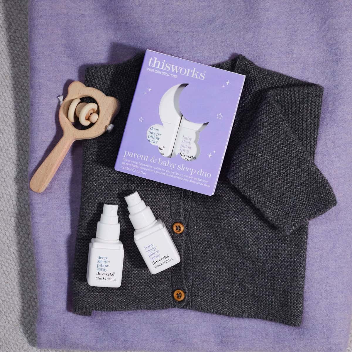 This Works Parent and Baby Sleep Duo 2pc Lifestyle – calming sleep sprays shown in cozy bedtime setting for restful nights
