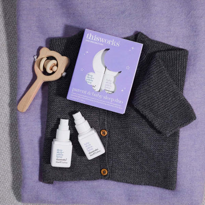 This Works Parent and Baby Sleep Duo 2pc Lifestyle – calming sleep sprays shown in cozy bedtime setting for restful nights