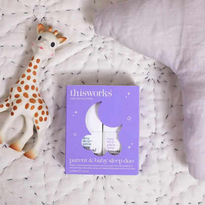 This Works Parent and Baby Sleep Duo Lifestyle – calming pillow sprays displayed in a cozy, relaxing bedroom setting








